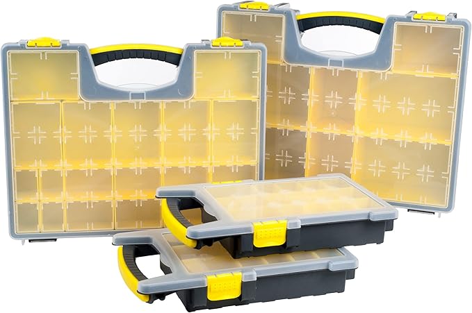 Storage Organizer Tool Box Set - Set of 4 Plastic Clear Top Parts, Craft, and Hardware Organizers with 3 Sized Compartments by Stalwart (Yellow/Black)