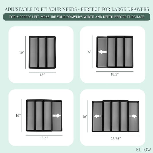 ELTOW Expandable Utensil Drawer Organizer, 5 Compartment Non-Slip & Adjustable Large Utensil Organizer for Kitchen Drawers, Kitchen Organization for Utensils, Flatware Storage Tray (Black)