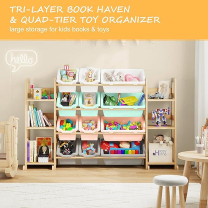 Extra Large Toy Storage - Toy Storage Organizer, Wooden Toy Organizer with 6 Side Shelves and 12 Bins, 3-in-1 Bookshelf for Kids Rooms, Playroom, Nursery, Multi Color