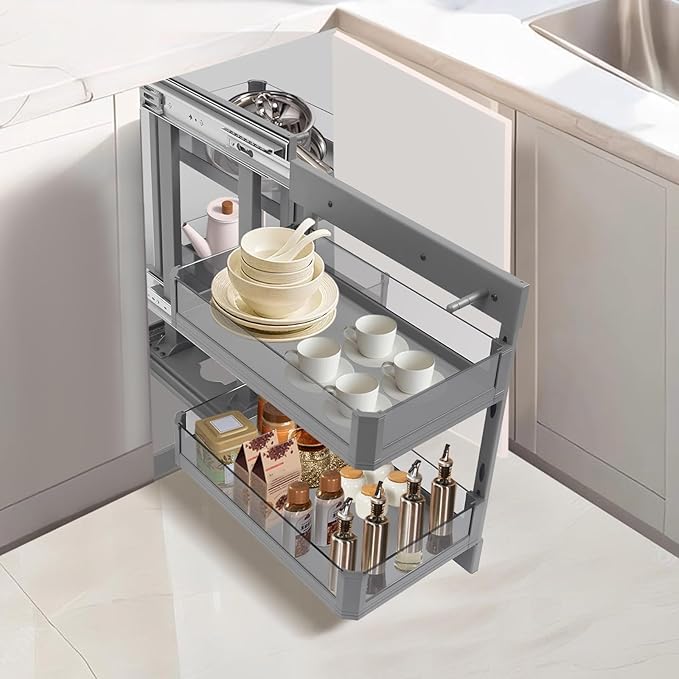 QIANMOON Kitchen Corner Cabinet Pull Out, Magic Corner Pull Out Open, 2 Tiers Swing Tray, Blind Corner Soft Close, for Place Pots and Pans, Containers, Spice Jars