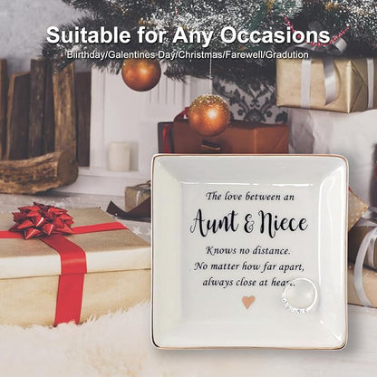 HOME SMILE Aunt Gifts from Niece, Aunt and Niece Gifts, Ring Dish Jewelry Tray for Aunts Birthday, Mothers Day, Valentine’s Day, Thanksgiving, Xmas-The Love Between Anut & Niece Knows No Dsitance