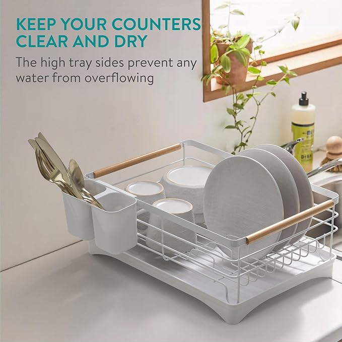 Navaris Dish Drainer Rack with Wooden Handle - Metal Draining Board with Drip Tray - Plate Drying Rack with Utensil Holder - Washing Up Drainers for Kitchen Sink - White