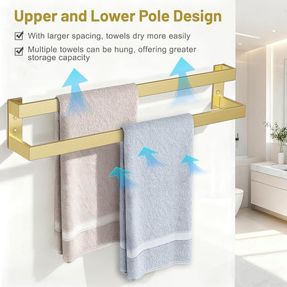 TNOMS Double Towel Bar,Towel Rack for Bathroom Stainless Steel Wall-Mounted Bathroom Hardware Accessories Brushed Gold 32 Inch