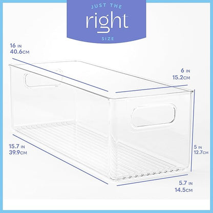 Plastic Food Storage 2 Pack Clear Container Bin with Handles for Organizing Kitchen, Pantry, Refrigerator, Freezer, Pantry, Cabinet, Closet, Bathroom. 16”x6”x5”