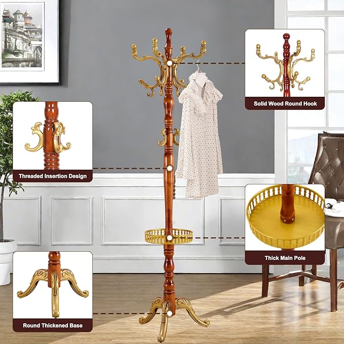 Solid Wood Coat Rack – Freestanding Coat Racks Stand with Hooks & Stable Base, Adjustable Height Modern Wooden Hall Tree for Entryway, Bedroom, Office, Home (H12 Begonia)