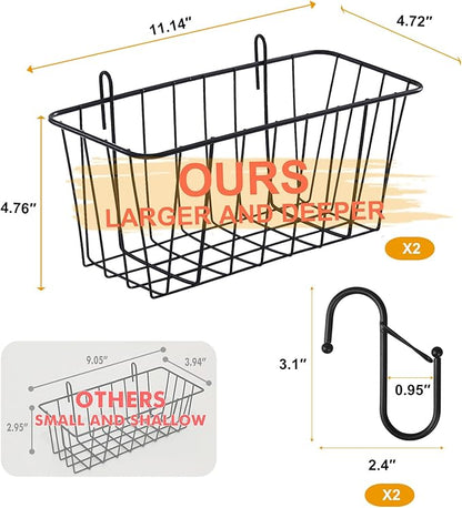 2 Pack Large Grid Wall Baskets with S-Hook - Gridwall Accessories Set Black Metal Hanging Shelf Basket Bins Organizer - Modular Storage Holders for Photo Display Panel Shelving Caddy for Garage