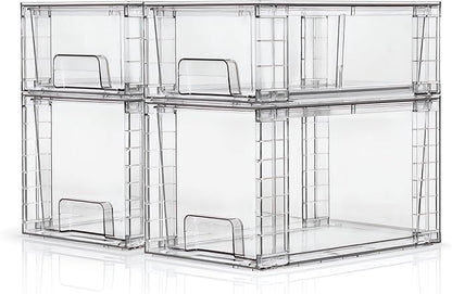 Clear Stackable Acrylic Storage Drawers(4 Pack), Plastic Organizer Bins with Handles, Easy Assembly for Bathroom Kitchen Pantry Cabinet Under Sink Snack Home Storage Solutions