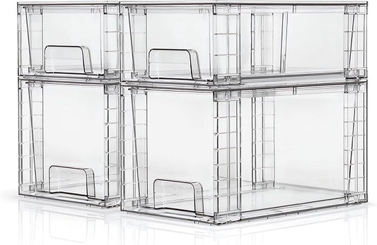 Clear Stackable Acrylic Storage Drawers(4 Pack), Plastic Organizer Bins with Handles, Easy Assembly for Bathroom Kitchen Pantry Cabinet Under Sink Snack Home Storage Solutions