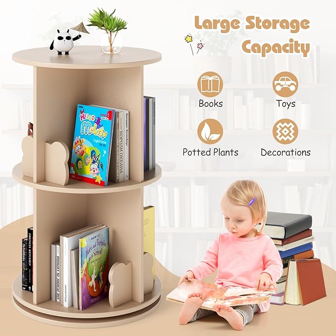 Costzon Kids Rotating Bookshelf, 2 Tier Small Book Shelf with Bookends, 360° Display Spinning Bookshelf Tower, Corner Bookshelf for Small Space, Kids Room, Bedroom, Nursery (Coffee)