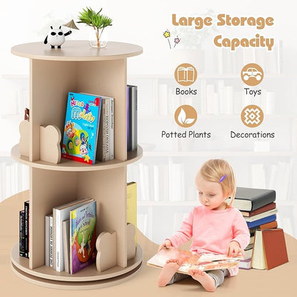 Costzon Kids Rotating Bookshelf, 2 Tier Small Book Shelf with Bookends, 360° Display Spinning Bookshelf Tower, Corner Bookshelf for Small Space, Kids Room, Bedroom, Nursery (Coffee)