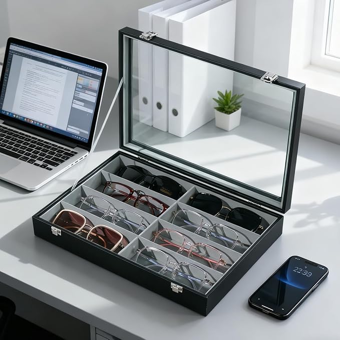 XHMQYC Glasses Holder Box Drawer Sunglass Organizer for Men Clear Wide Storage Case 8 Slots Multiple Reading Glasses Display, Black Leather With Clear Glass Lid