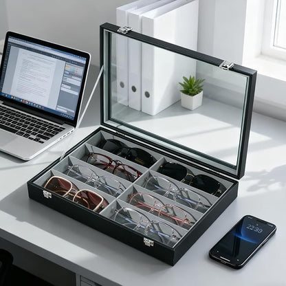 XHMQYC Glasses Holder Box Drawer Sunglass Organizer for Men Clear Wide Storage Case 8 Slots Multiple Reading Glasses Display, Black Leather With Clear Glass Lid