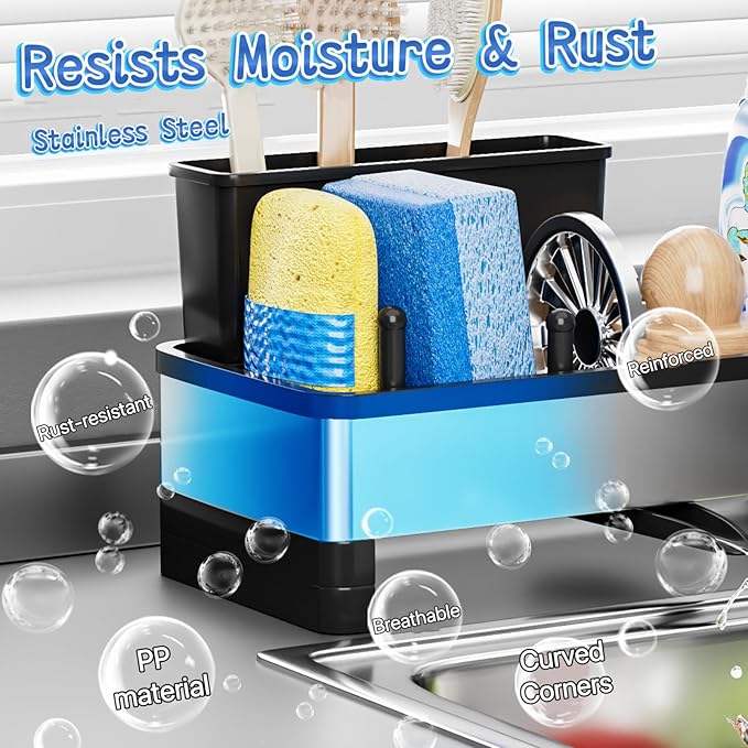 SOVGIZF Sponge Holder for Kitchen Sink,Sink Caddy Organizer with Removable Brush Holder,Kitchen Countertop Soap Dispenser Storage with Detachable Towel Rack,Black