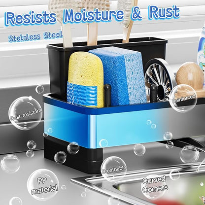 SOVGIZF Sponge Holder for Kitchen Sink,Sink Caddy Organizer with Removable Brush Holder,Kitchen Countertop Soap Dispenser Storage with Detachable Towel Rack,Black