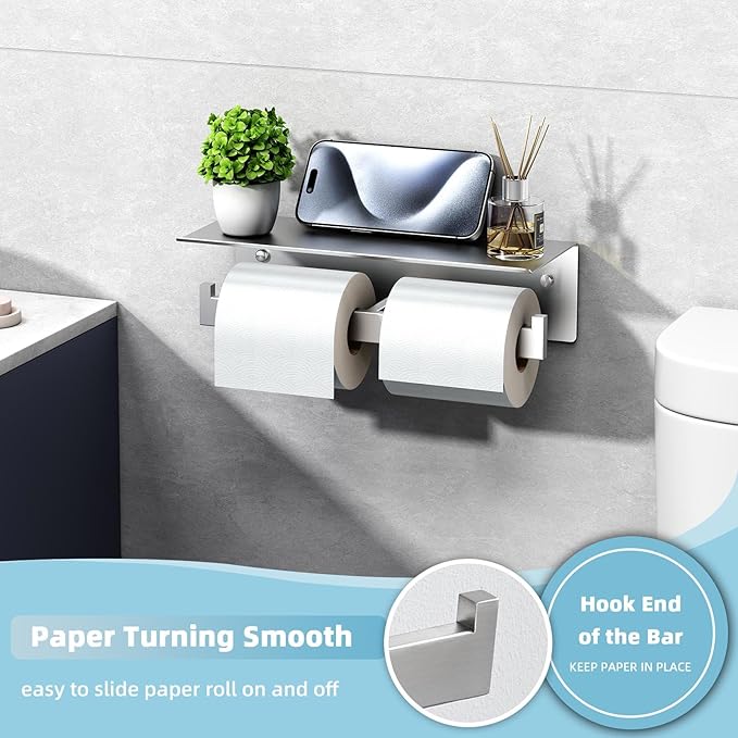 Suyar Double Toilet Paper Holder with Shelf, SUS 304 Stainless Steel Toilet Tissue Roll Holder, Brushed Nickel