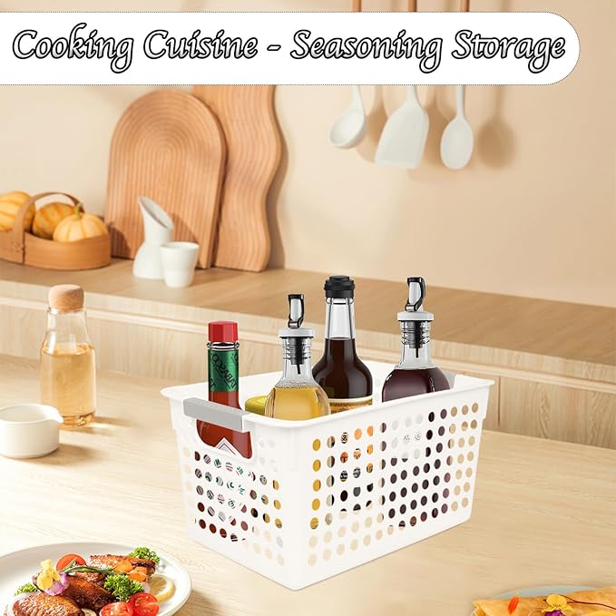 Plastic Storage Baskets, 4 Pack Narrow Organizing Baskets White Storage Bins With Handles Kitchen Storage Containers, Plastic Organizing Bins For Desk Garage Cabinet, 10.62 x 7.08 x 5.51 Inch