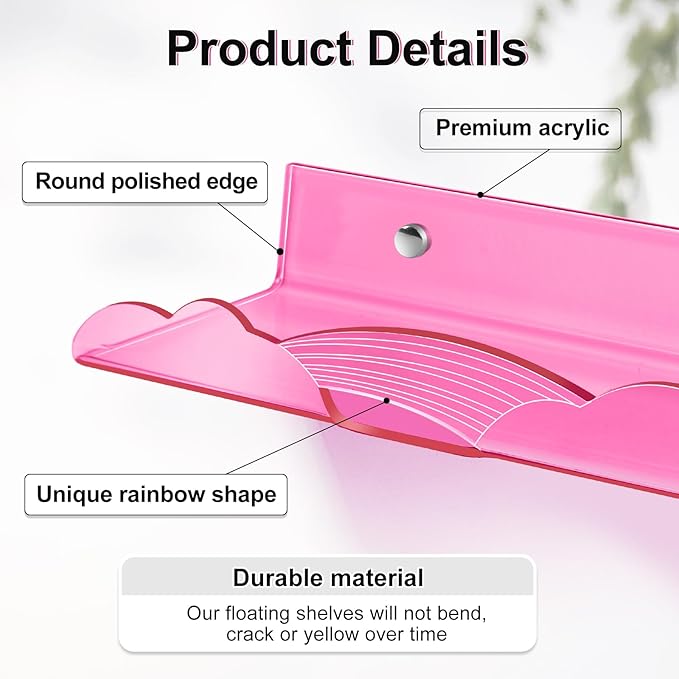 Rainbow Acrylic Floating Shelves, 15in Kids Wall Mounted Nursery Bookshelves, Display Ledge for Books Toys Cosmetic Storage, Bathroom Bedroom Living Room Wall Organizer, 4 Pack, Pink