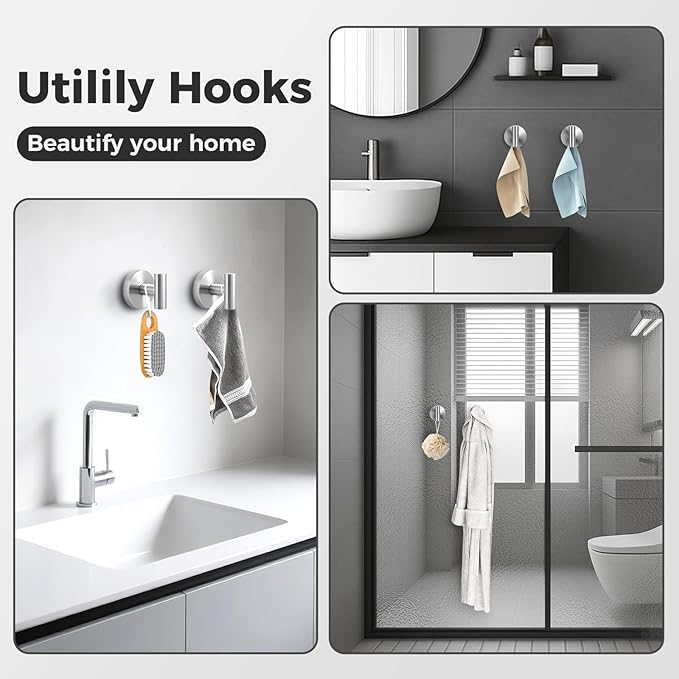 WingWider Shower Hooks for Inside Shower,No-Drill Removable&Reusable Towel Hooks for Bathroom,Heavy Duty Suction Cup Hooks for Glass Window,2 Packs(Silver)