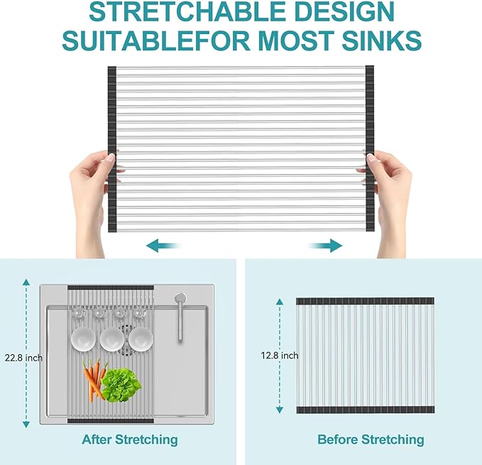 BBXTYLY Extra Large Expandable Roll Up Dish Drying Rack,Over The Sink Drying Rack Sink Cover Kitchen Sink Accessories Kitchen Rolling up Stainless Steel Drainer, Foldable,Rollable（Black，25.1''-17.3''）