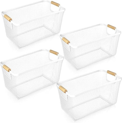 4 Pcs Metal Wire Basket with Wooden Handles Mesh Steel Storage Organizer Bin Containers for Home Organizing Cabinet Pantry Closet Kitchen Fridge Fruit Makeup Snacks Gifts(Large,Cream White)