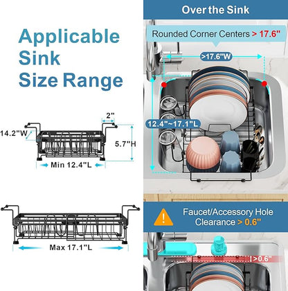 iSPECLE Expandable in Sink Dish Drying Rack - Adjustable Capacity Over The Sink Dish Drainer Drying Rack with Cup Holder for Kitchen, 12.4"-17.1" L x 14.2" W, Black