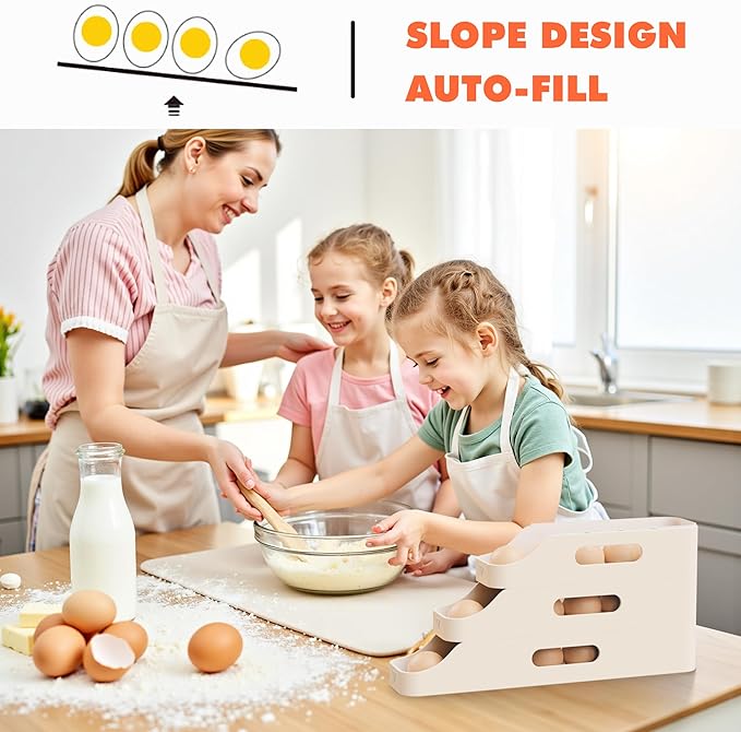 Li&Zhao Rolling Egg Dispenser for Refrigerator - Automatic Egg Holder for Fridge Space Saving Egg Tray Organizer for Countertop, Kitchen Storage(White)