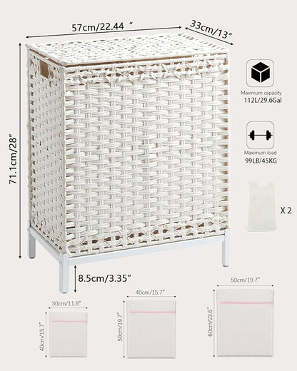 Laundry Hamper with Lid, 112 L Handwoven Rattan Wicker Laundry Basket, 2 Removable Liner Bags Metal Heightened Feet, 6 Mesh Bags, 2 Section Large Clothes Hamper for Bathroom Bedroom, White