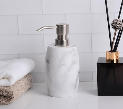 Clasin Home Resin Hand Soap Dispenser, Refillable Soap Dispenser with White Marble Look and Metallic Pump, Waterproof Bottle Labels for Bathroom Kitchen Dish Hand Wash Shower Lotion Shampoo (12 Oz)