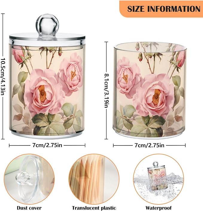 MNSRUU 2 Pack Qtip Holder Organizer Dispenser Floral Rose Pink Bathroom Storage Canister Cotton Ball Holder Bathroom Containers for Cotton Swabs/Pads/Floss