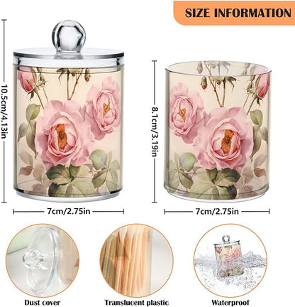 MNSRUU 2 Pack Qtip Holder Organizer Dispenser Floral Rose Pink Bathroom Storage Canister Cotton Ball Holder Bathroom Containers for Cotton Swabs/Pads/Floss
