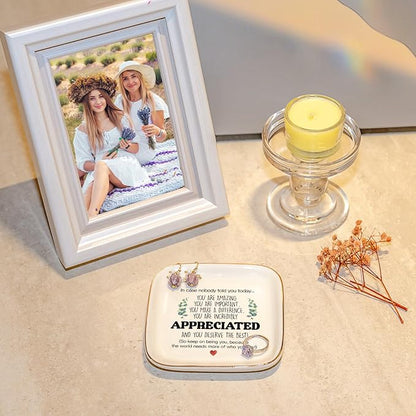 PUDDING CABIN Thank You Gifts for Women - 4"x4" Ceramic Jewelry Dish Tray - Birthday Appreciation Inspirational Gifts for Women Coworker Teacher Friends Employee