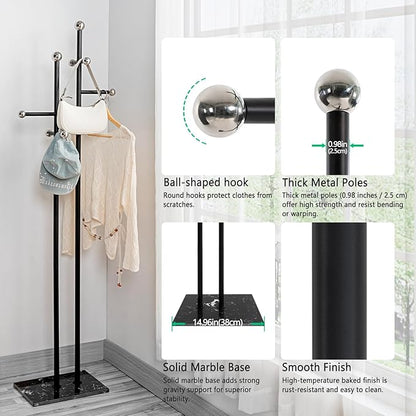 Coat Rack Freestanding with Marble Base, Heavy Duty Metal Clothes Rack, Corner Coat Tree Hat Rack for Entryway Bedroom Living Room Hotel 14.96 x 10.24 x 68.9 Inches (Black)