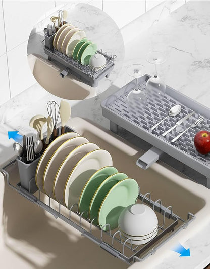 Nacial 2-in-1 Small Dish Drying Rack Fits 14''–21.8'' Sink, Dish Drainers for Kitchen Counter Extend Kitchen Sink Drain Basket with Utensil Holder & Auto-Drain Tray, Stainless Steel Plate Rack, Gris