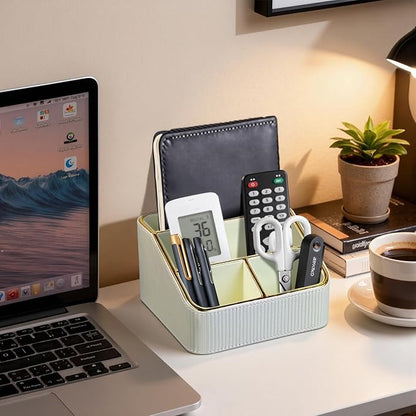 ACUDUDOMA PU Leather Remote Control Organizer Holder, 4-Compartment Small Desk Organizer, All-in-One Desk & Nightstand Caddy for Remotes, Phones, Glasses & Office Accessories