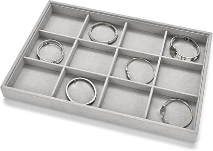 12 Grids Microfiber Jewelry Trays Bracelets Tray Stackable Jewelry Organizer Trays for Drawer Bracelet Holder Earring Tray For Bracelet Bangle Earrings Watches Storage (Grey)
