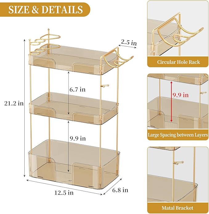 Weidace Bathroom Counter Organizer for Vanity, Makeup Organizer Countertop with Holder, Large Capacity Storage Rack, Perfect Large Skincare, Hair Care, Perfume, Easy to Install (Gold, 3Tiers)