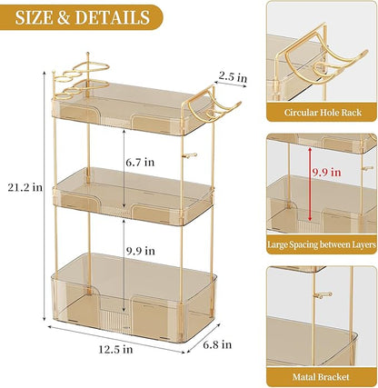 Weidace Bathroom Counter Organizer for Vanity, Makeup Organizer Countertop with Holder, Large Capacity Storage Rack, Perfect Large Skincare, Hair Care, Perfume, Easy to Install (Gold, 3Tiers)