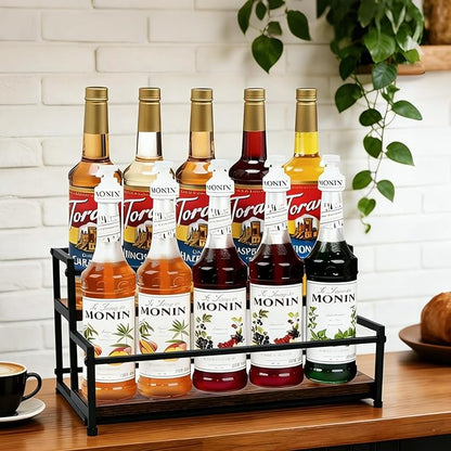 Coffee Syrup Rack Organizer - Metal Bottle Holder for 10 Bottles – Rustic Countertop Display Shelf for Coffee Bar, Kitchen Cabinet, Pantry Storage for Syrups, Liquor, Spice, Tea & Wine (2-Tier)