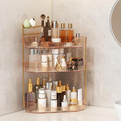 ZZWILLB Corner Bathroom Counter Organizer with Makeup Brush Holder & Toothbrush Holders, Makeup Organizer for Vanity Countertop, Acrylic Skincare Storage Shelf (Amber, 3-Tier)