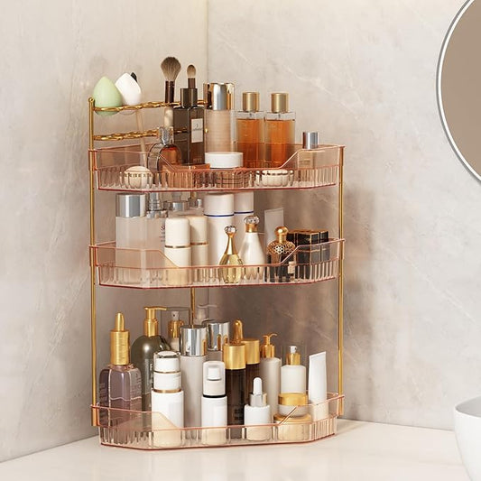 ZZWILLB Corner Bathroom Counter Organizer with Makeup Brush Holder & Toothbrush Holders, Makeup Organizer for Vanity Countertop, Acrylic Skincare Storage Shelf (Amber, 3-Tier)