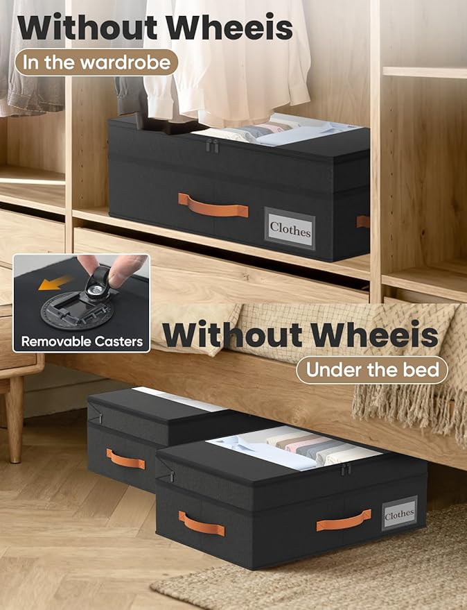TOSKING Under Bed Storage with Wheels (2 Pack), Adjustable Height 7.9"-10.2", 6 Vacuum Bags, Expandable Rolling Underbed Bins, 600D Oxford Fabric, Drawer Organizer for Clothes, Shoes, Toys, Black