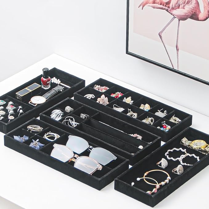 Divided Drawer Organizer, Velvet Jewelry Storage Tray for Necklace, Bracelet, Ring, Earring Display - Bedside Nightstand Desk Holder for Phone, Watch, Sunglasses, Cosmetics Storage/Black/12grid