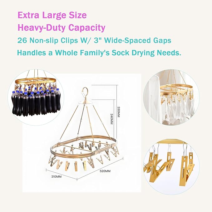 Underwear Hanger for Drying with 26 Clips - Aluminum Hanging Drying Rack for Socks, Lingerie & Baby Clothes | Wind-Resistant Hook & Oval Design (Rose Gold)