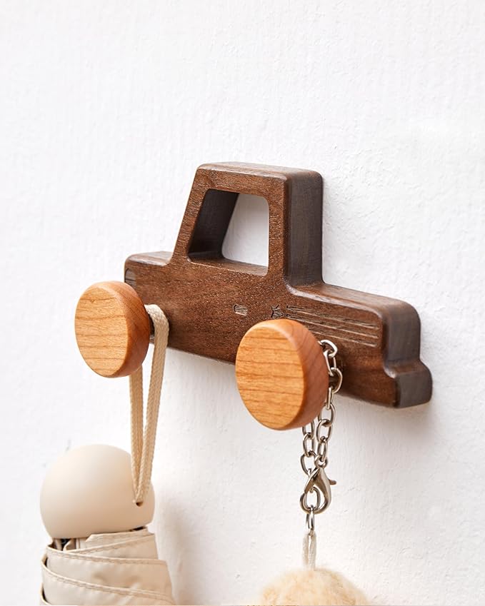 Kids Coat Hooks Wall Mount, Walnut Car-Shaped Coat Rack Heavy Duty for Bathrooms,Kids’ Room,Door,Nursery,Entryway, 4 Pack Wood Wall Hooks for Hanging Hats,Backpacks,Towels,Keys&Clothes