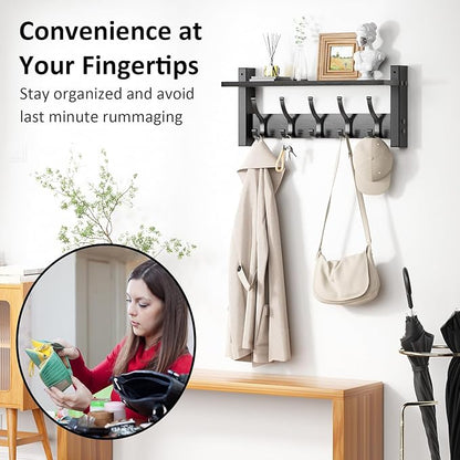 Coat Rack Wall Mount with Shelf, 17.1 Inch Coat Hanger Walls Mounted, Hat Rack for Walls, Shelf with 5 Coat Hooks, Wall Hanger for Entryway (Black)