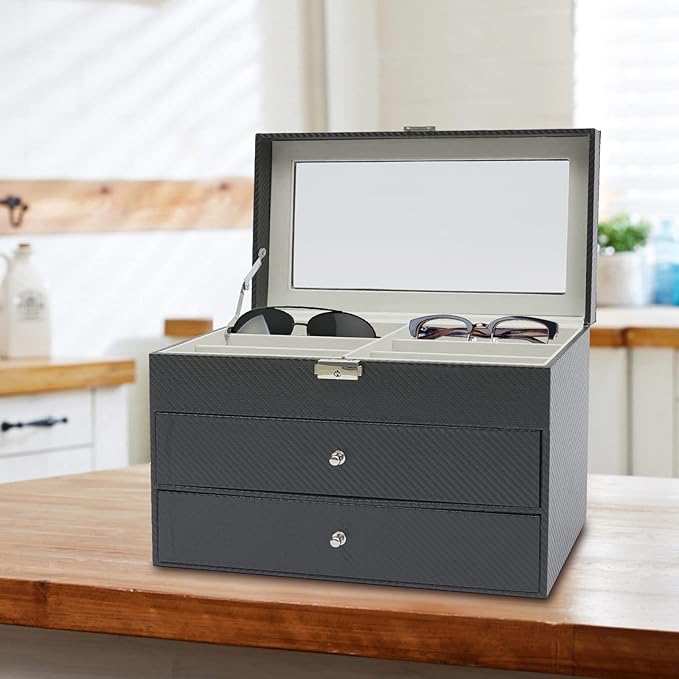 DouSeiAi 3 Layer Sunglasses Storage Box, 18 Grids of Glasses Organizer, Lockable Eyewear Display Case with Drawer (Grey)