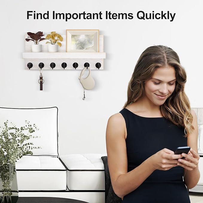 Key Holder Wall Mount, Entryway Key and Mail Holder with 7 Sturdy Hooks for Sunglasses, Dog Leash, Decorative Wall Shelf with Mounting Hardware, 15”W x 6.7”H x 4.2”D
