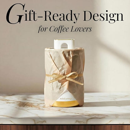 STYLED SETTINGS Vacuum Coffee Canister with Airtight Lid – Dual-Lid Airtight Coffee Canister with Scoop and Label for Beans and Grounds, Food Storage Container -White and Gold Kitchen Accessories