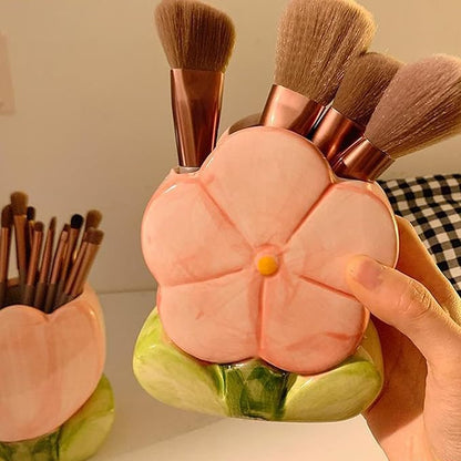 Flower Pencil Holder for Desk Purple Toothbrush Holder Cute Makeup Pen Holders for Office Desk Accessories Aesthetic Home Decor Birthday Gifts for Women Vanity Kawaii Kitchen Utensil Holders
