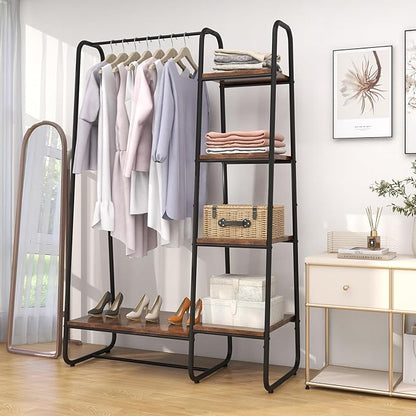 Tangkula Garment Rack with Shelves, Clothes Rack with 5 Shelves & Hanging Bar, Open Wardrobe for Hanging Clothes and Storage, Free Standing Closet Organizer, Clothing Rack for Bedroom Entryway